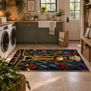 Golden Championship Trophy Basketball Rug displayed in a modern laundry room