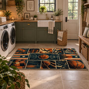 Basketball Court Grid Collage Rug displayed in a modern laundry room