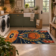Orange Star Basketball Court Rug displayed in a modern laundry room