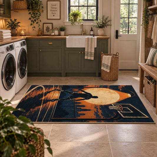 Sunset Street Basketball Silhouette Rug displayed in a modern laundry room