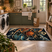 Smoky Basketball Hoop Rug displayed in a modern laundry room
