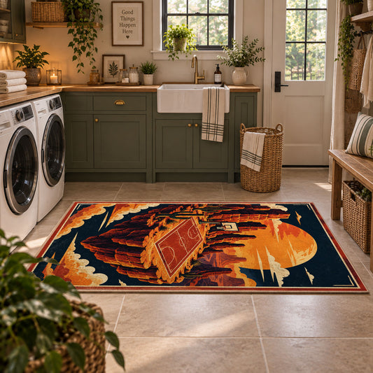 Desert Canyon Basketball Rug displayed in a modern laundry room
