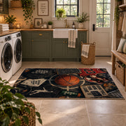 Dark Street Basketball Chalk Rug displayed in a modern laundry room