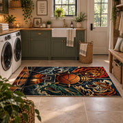 Mythic Basketball Emblem Rug displayed in a modern laundry room