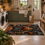 Golden Winged Basketball Rug displayed in a modern laundry room
