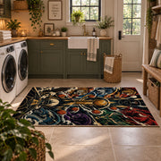 Ornate Basketball Collage Rug displayed in a modern laundry room