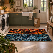 Fire and Ice Basketball Rug displayed in a modern laundry room