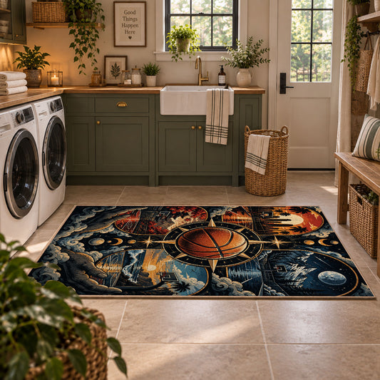 Stormy Cosmic Basketball Rug displayed in a modern laundry room