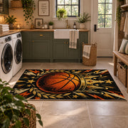Comic Burst Basketball Rug displayed in a modern laundry room