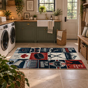 Classic Hockey Collage Rug displayed in a modern laundry room