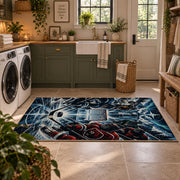Electric Ice Hockey Puck Rug displayed in a modern laundry room