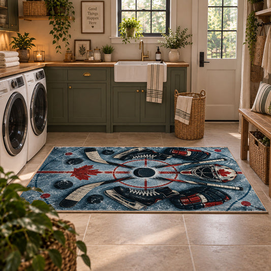 Maple Leaf Hockey Rink Rug displayed in a modern laundry room