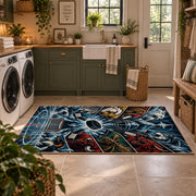 Hockey Goal and Players Collage Rug displayed in a modern laundry room