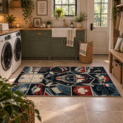 Hockey Gear and Rink Collage Rug displayed in a modern laundry room