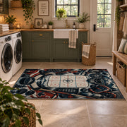 Crossed Hockey Sticks and Puck Rug displayed in a modern laundry room