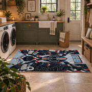 Hockey Puck and Crossed Sticks Emblem Rug displayed in a modern laundry room