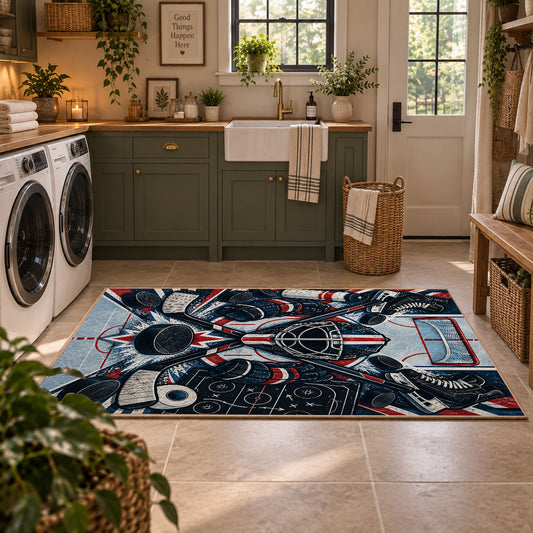 Hockey Puck and Crossed Sticks Emblem Rug displayed in a modern laundry room