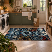 Mountain Hockey Compass Rug displayed in a modern laundry room