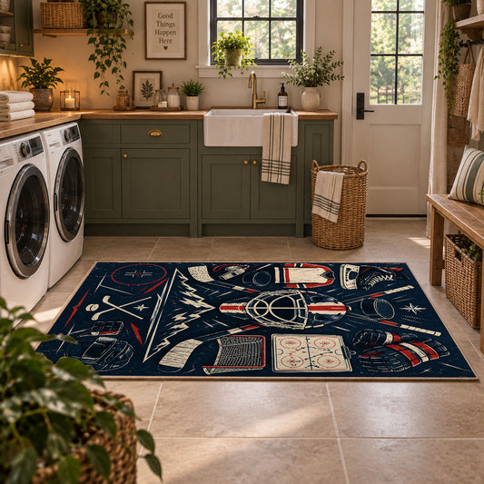 Hockey Equipment Lineup Rug displayed in a modern laundry room