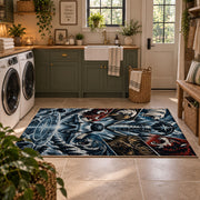 Frozen Mountain Hockey Goal Rug displayed in a modern laundry room