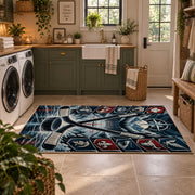 Crossed Hockey Sticks Frozen Rink Rug displayed in a modern laundry room