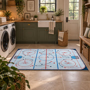 Bright Classic Hockey Rink Rug displayed in a modern laundry room