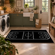 Minimal Black Hockey Rink Rug displayed in a modern laundry room