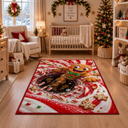 A cheerful gingerbread figure with a green bow pops out of a bold peppermint spiral; rug shown in a festive nursery