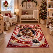 A smiling reindeer with a bell collar emerges from sweeping red and golden spiral rings; rug shown in a festive nursery