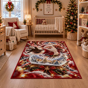 Santa reaches out from a sparkling snow globe containing a miniature snowy village; rug shown in a festive nursery