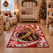A friendly gingerbread figure steps out of a swirling cookie-filled tunnel; rug shown in a festive nursery