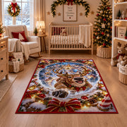 A smiling reindeer emerges from a blue snow spiral surrounded by golden lights and snowy branches; rug shown in a festive nursery