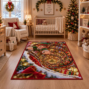 A smiling elf leans over a sweeping spiral of glowing toys and wrapped presents; rug shown in a festive nursery