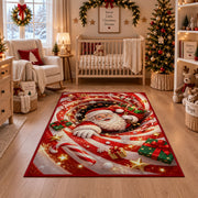 Santa peeks out of a sparkling candy cane spiral with a white-gloved hand resting in front; rug shown in a festive nursery