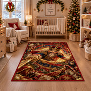 A decorative nutcracker soldier in an ornate red and blue uniform holds a golden sword within glowing spiral rings; rug shown in a festive nursery
