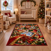A cheerful elf rises above an open gift box spilling a blue and golden swirl; rug shown in a festive nursery