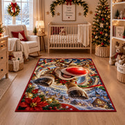A playful reindeer with a bright red nose leaps forward above a snowy blue village; rug shown in a festive nursery