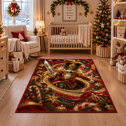 A red-uniformed nutcracker soldier holds a shining sword as it emerges from a golden spiral; rug shown in a festive nursery