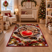 A cheerful reindeer with a large red nose peeks through snowy rings of golden lights; rug shown in a festive nursery