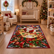Santa rises above an open present filled with glowing golden spiral rings; rug shown in a festive nursery