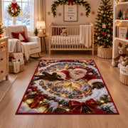 Santa reaches forward over a golden-lit winter village encircled by swirling snow; rug shown in a festive nursery