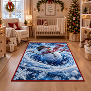 A smiling snowman in a black top hat and flowing red scarf stands within swirling snow; rug shown in a festive nursery