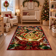 A smiling elf appears above a glowing gift box filled with green and golden swirls; rug shown in a festive nursery