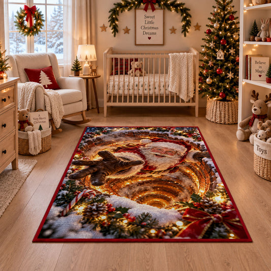 Santa Golden Tunnel Christmas Rug in front of a fireplace with Christmas decorations