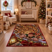Christmas Elf Toy Workshop Rug in front of a fireplace with Christmas decorations