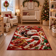 Santa Curved Candy Cane Christmas Rug in front of a fireplace with Christmas decorations
