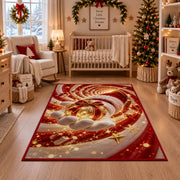 Santa Glove Golden Ornament Christmas Rug in front of a fireplace with Christmas decorations