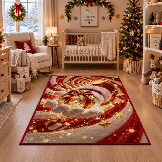 Santa Glove Golden Ornament Christmas Rug in front of a fireplace with Christmas decorations