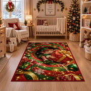 Christmas Elf Holding Gift Rug in front of a fireplace with Christmas decorations