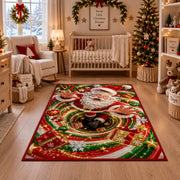 Cheerful Santa Christmas Rug in front of a fireplace with Christmas decorations